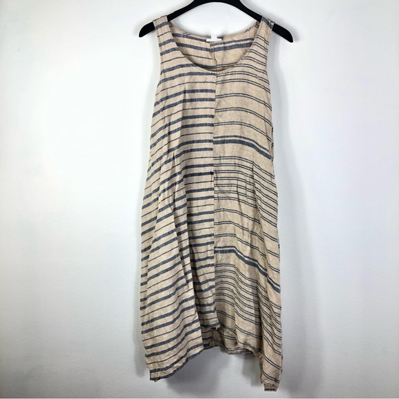 JJill PureJill Medium Petite 100% Linen Dress Striped Midi A line Pockets *Flaws - Picture 1 of 8